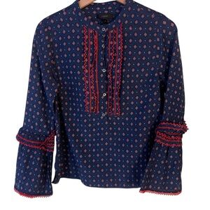 J. Crew Navy Blouse with Red Pattern